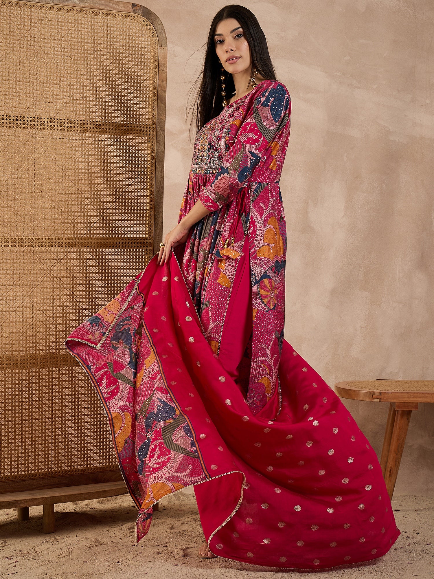 Floral Printed V-Neck Thread Work Raw Silk Kurta With Trousers & Dupatta