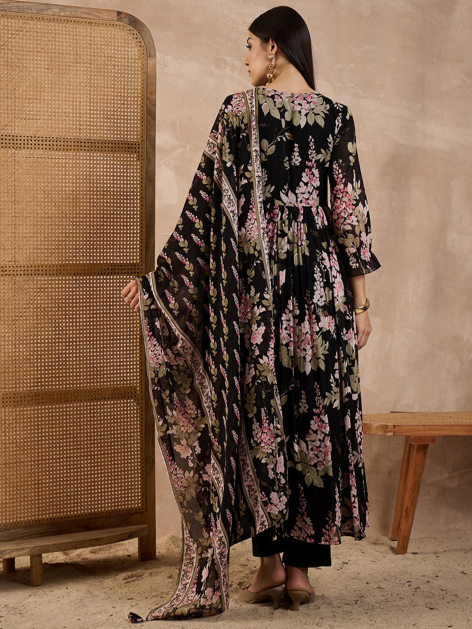 Women Floral Printed Anarkali Kurta with Trousers & Dupatta