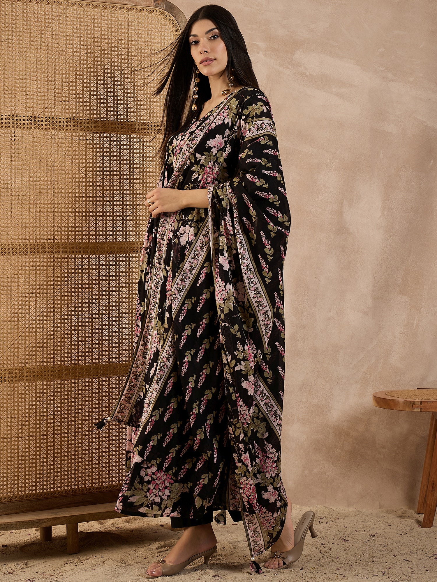 Women Floral Printed Anarkali Kurta with Trousers & Dupatta