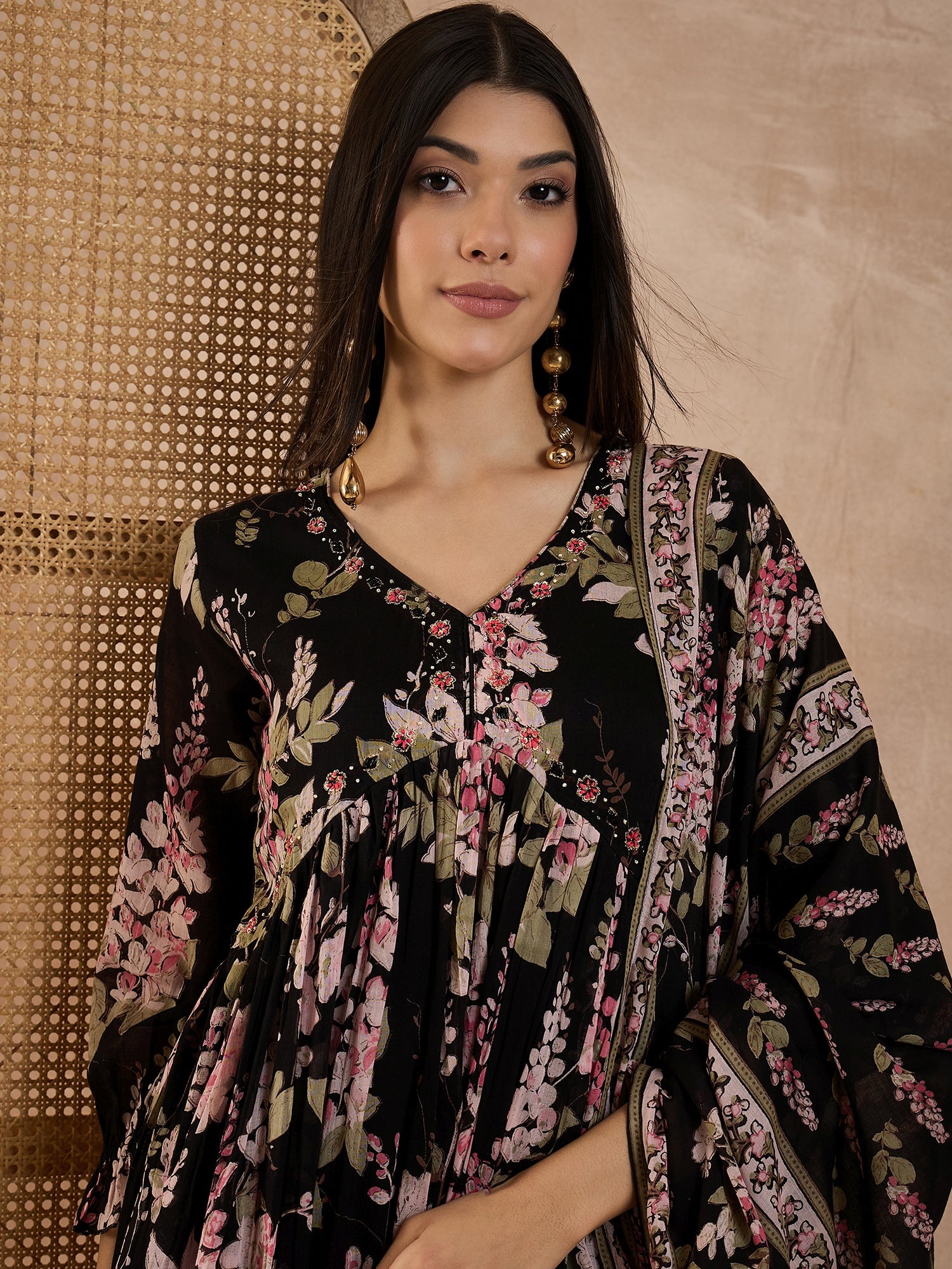 Women Floral Printed Anarkali Kurta with Trousers & Dupatta