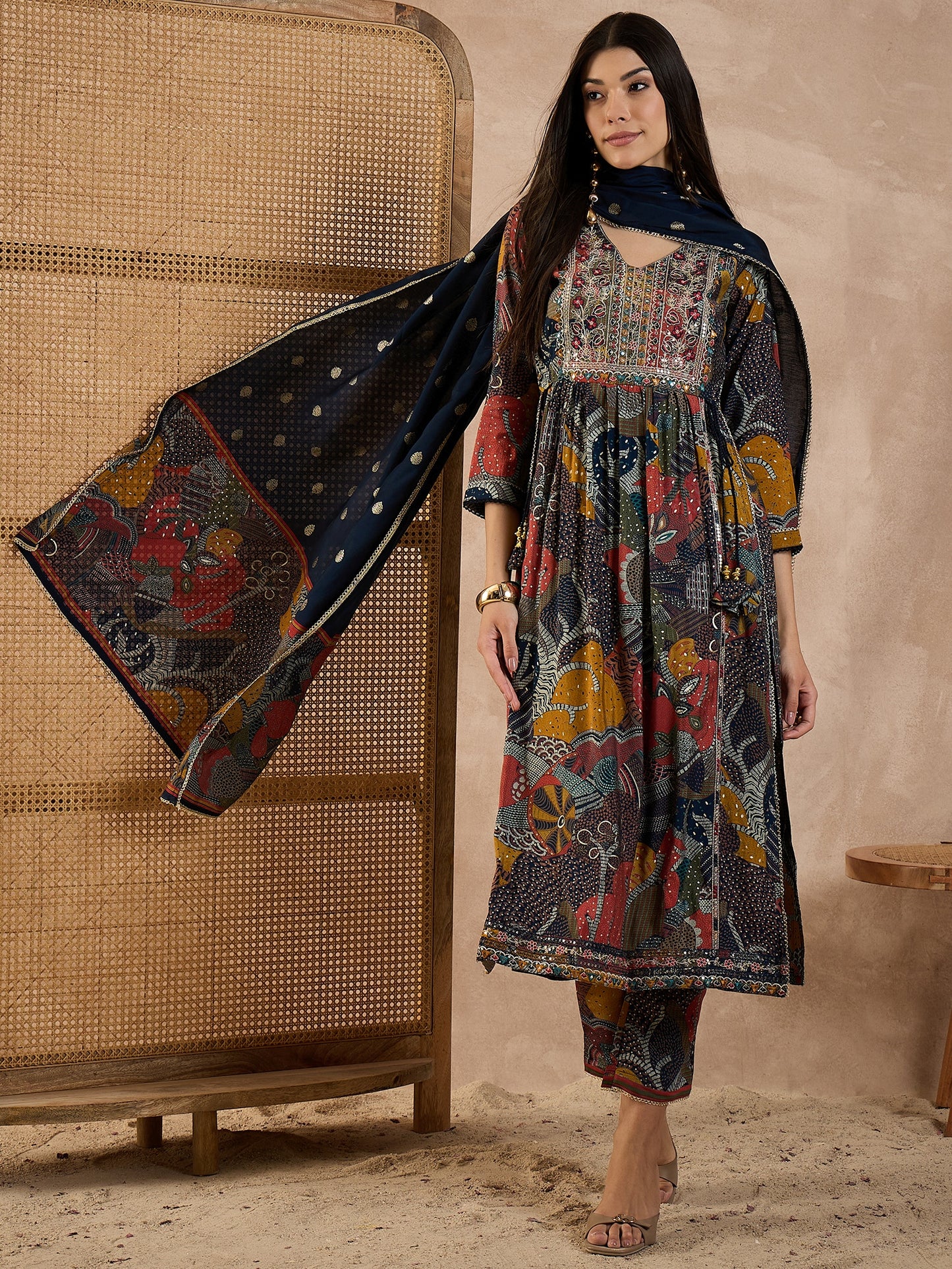 Floral Printed V-Neck Thread Work Raw Silk Kurta With Trousers & Dupatta