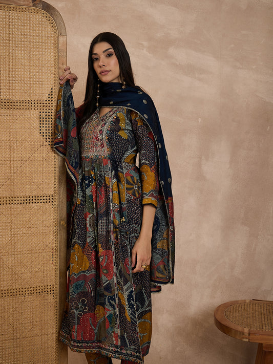 Floral Printed V-Neck Thread Work Raw Silk Kurta With Trousers & Dupatta