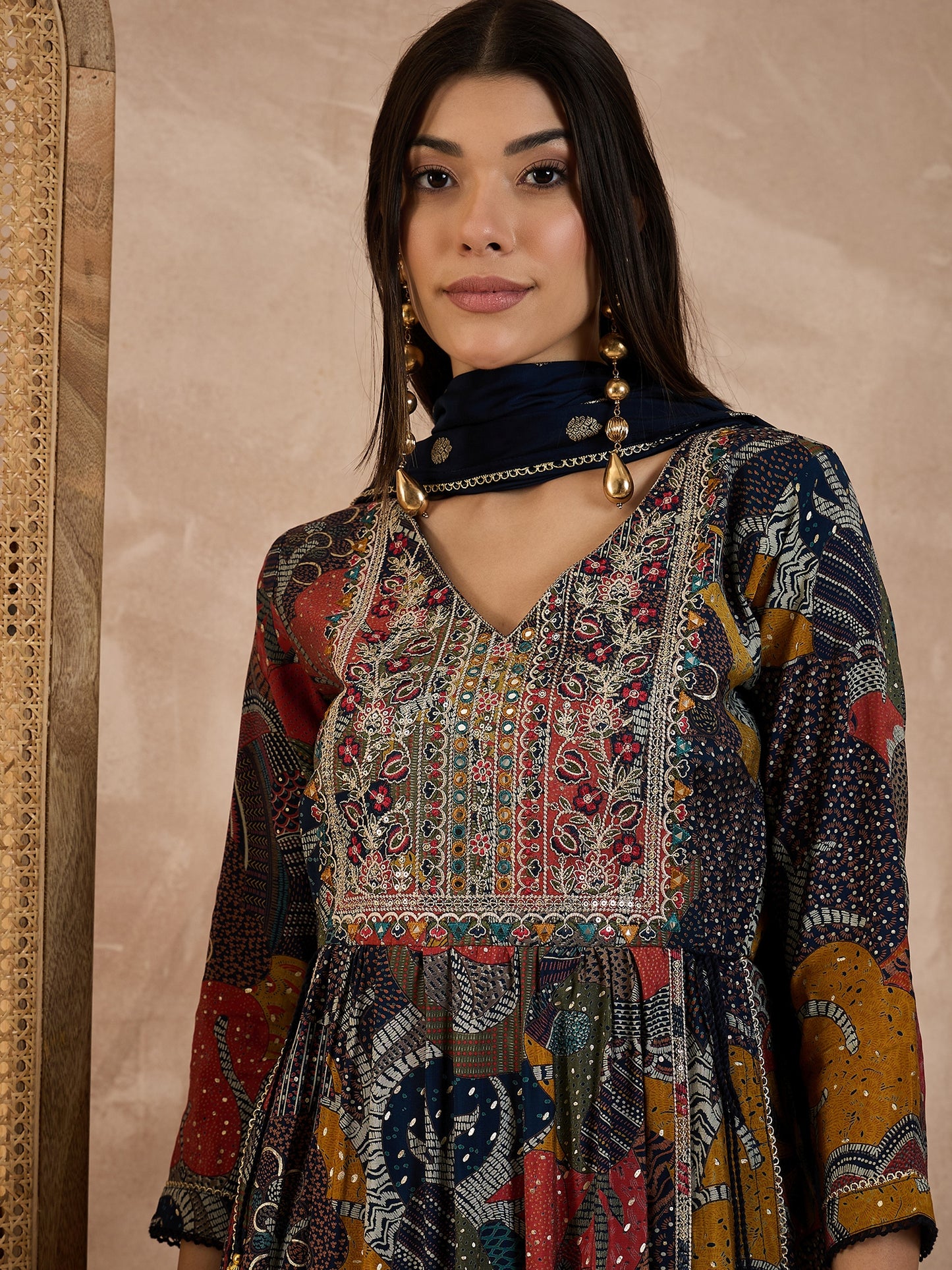 Floral Printed V-Neck Thread Work Raw Silk Kurta With Trousers & Dupatta