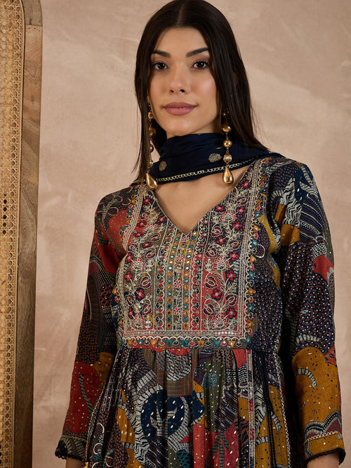 Floral Printed V-Neck Thread Work Raw Silk Kurta With Trousers & Dupatta