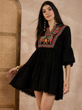 Women Floral Embroidered Mandarin Collar Organic Cotton Fit & Flare Mini Dobby Dress