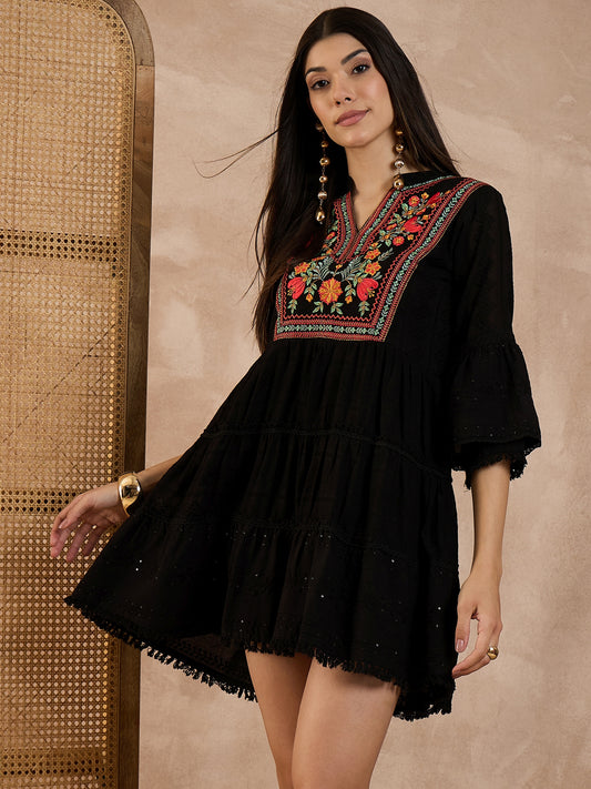 Women Floral Embroidered Mandarin Collar Organic Cotton Fit & Flare Mini Dobby Dress