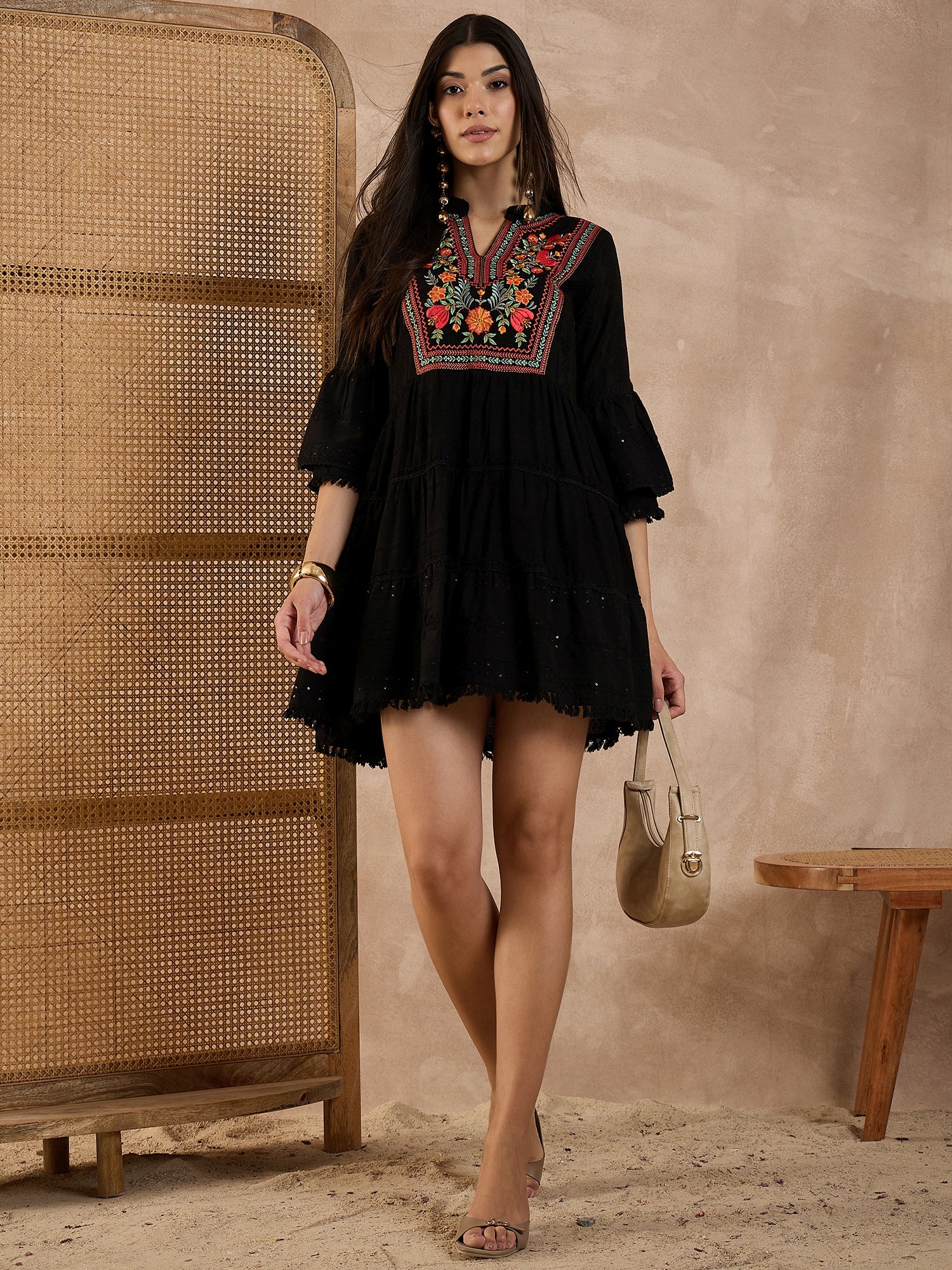Women Floral Embroidered Mandarin Collar Organic Cotton Fit & Flare Mini Dobby Dress
