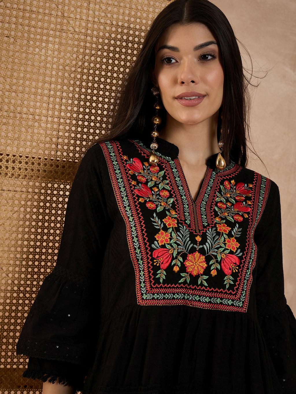 Women Floral Embroidered Mandarin Collar Organic Cotton Fit & Flare Mini Dobby Dress