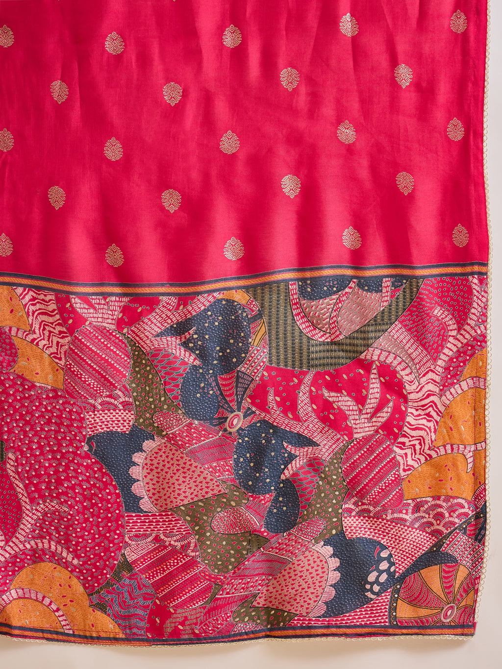 Floral Printed V-Neck Thread Work Raw Silk Kurta With Trousers & Dupatta