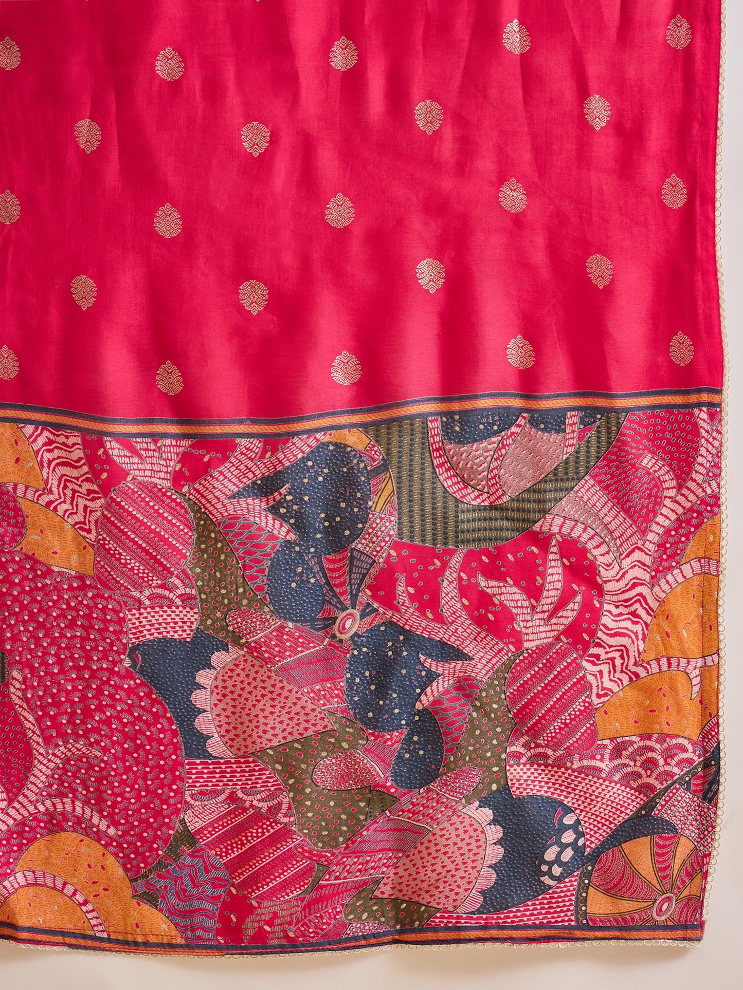 Floral Printed V-Neck Thread Work Raw Silk Kurta With Trousers & Dupatta
