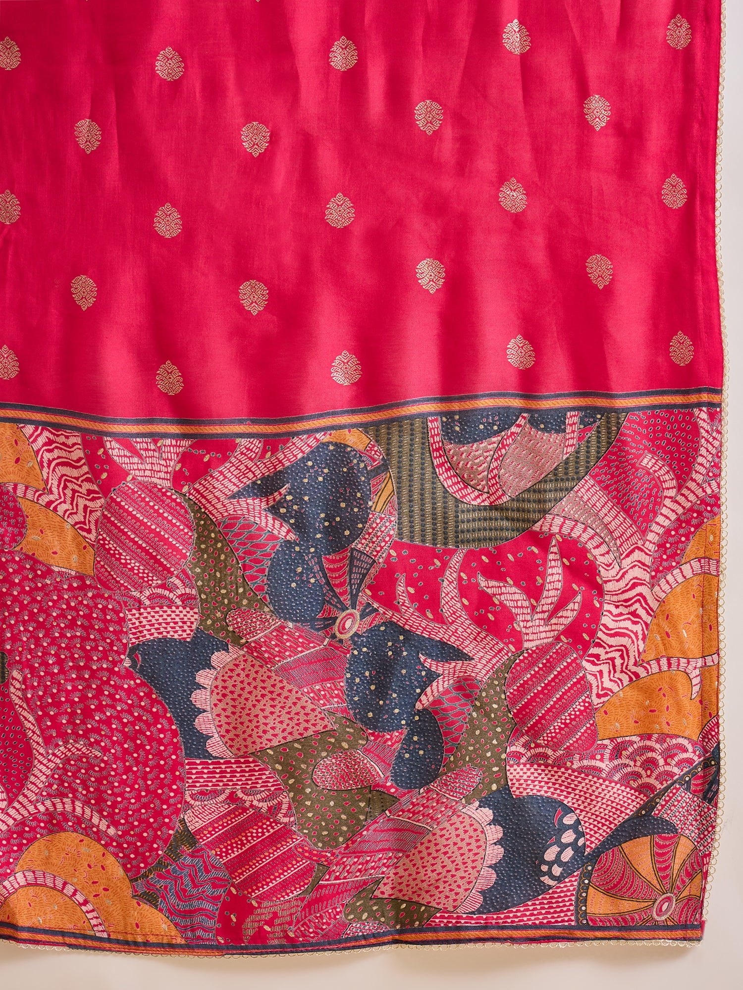 Floral Printed V-Neck Thread Work Raw Silk Kurta With Trousers & Dupatta