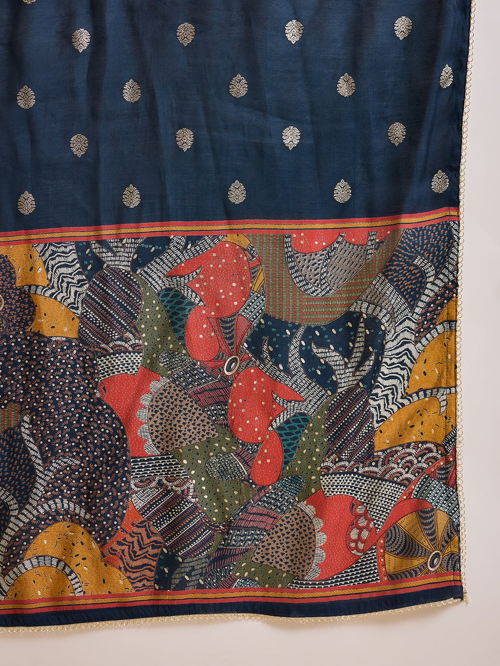 Floral Printed V-Neck Thread Work Raw Silk Kurta With Trousers & Dupatta