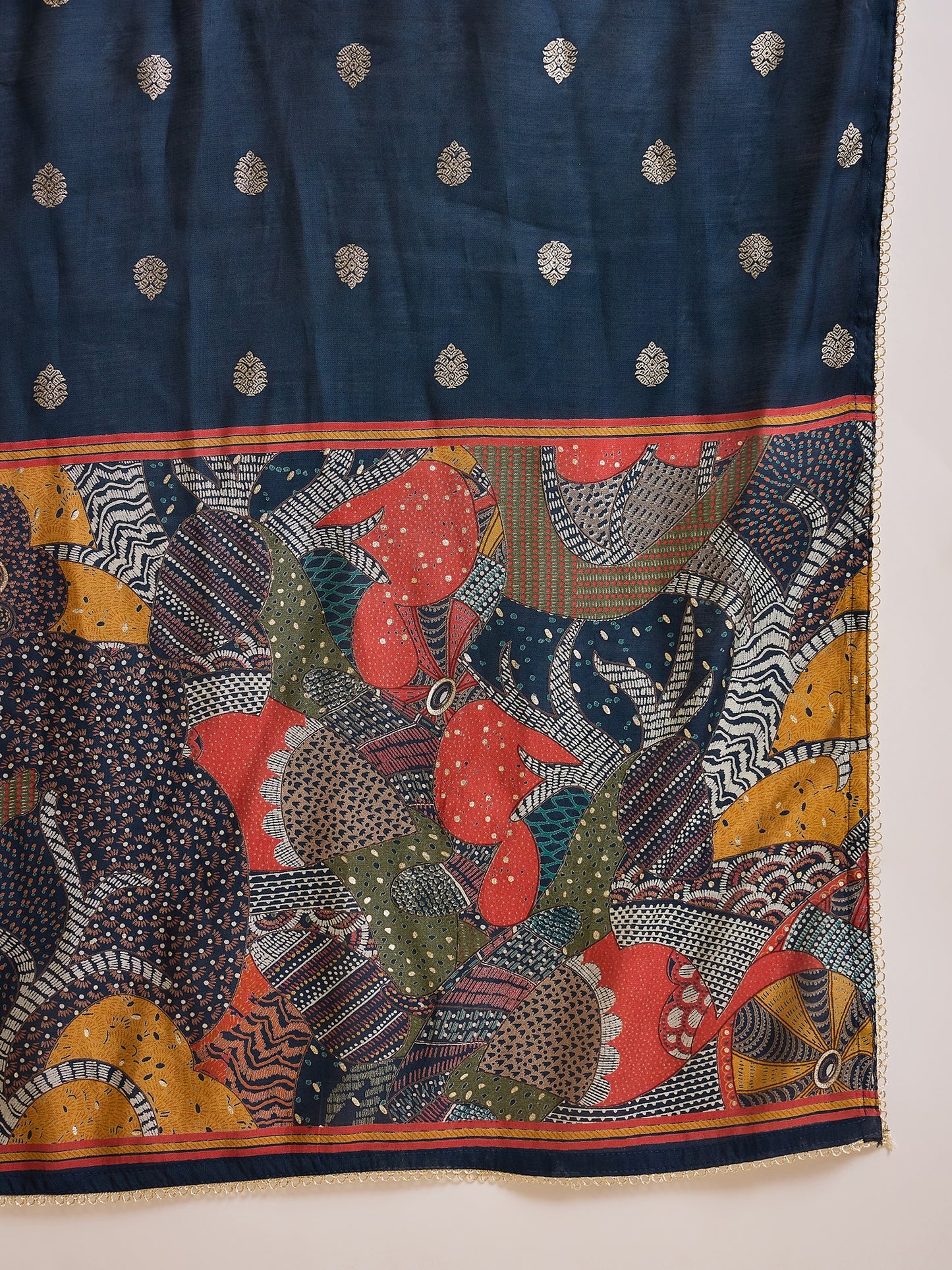 Floral Printed V-Neck Thread Work Raw Silk Kurta With Trousers & Dupatta