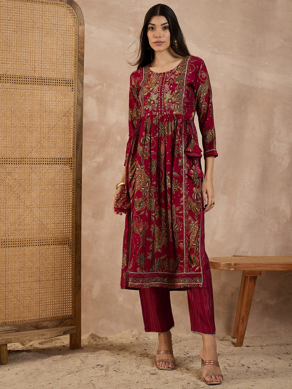 Floral Printed Pleated Chanderi Silk A-Line Kurta with Trousers & Dupatta