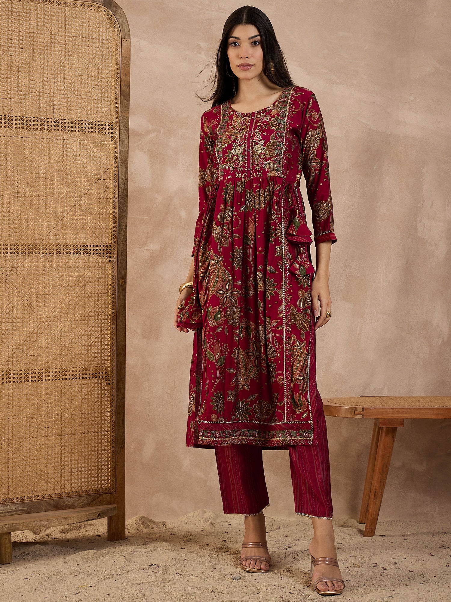 Floral Printed Pleated Chanderi Silk A-Line Kurta with Trousers & Dupatta