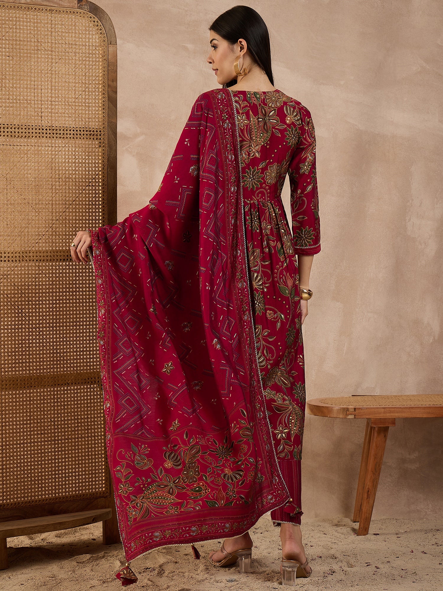 Floral Printed Pleated Chanderi Silk A-Line Kurta with Trousers & Dupatta