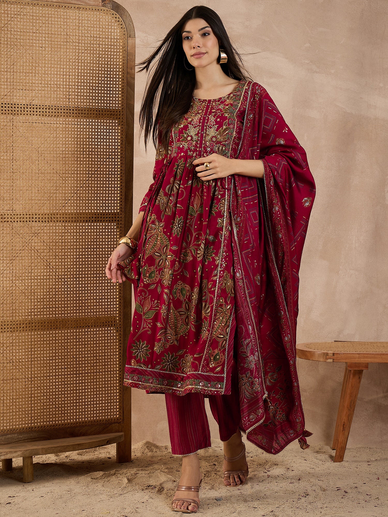 Floral Printed Pleated Chanderi Silk A-Line Kurta with Trousers & Dupatta
