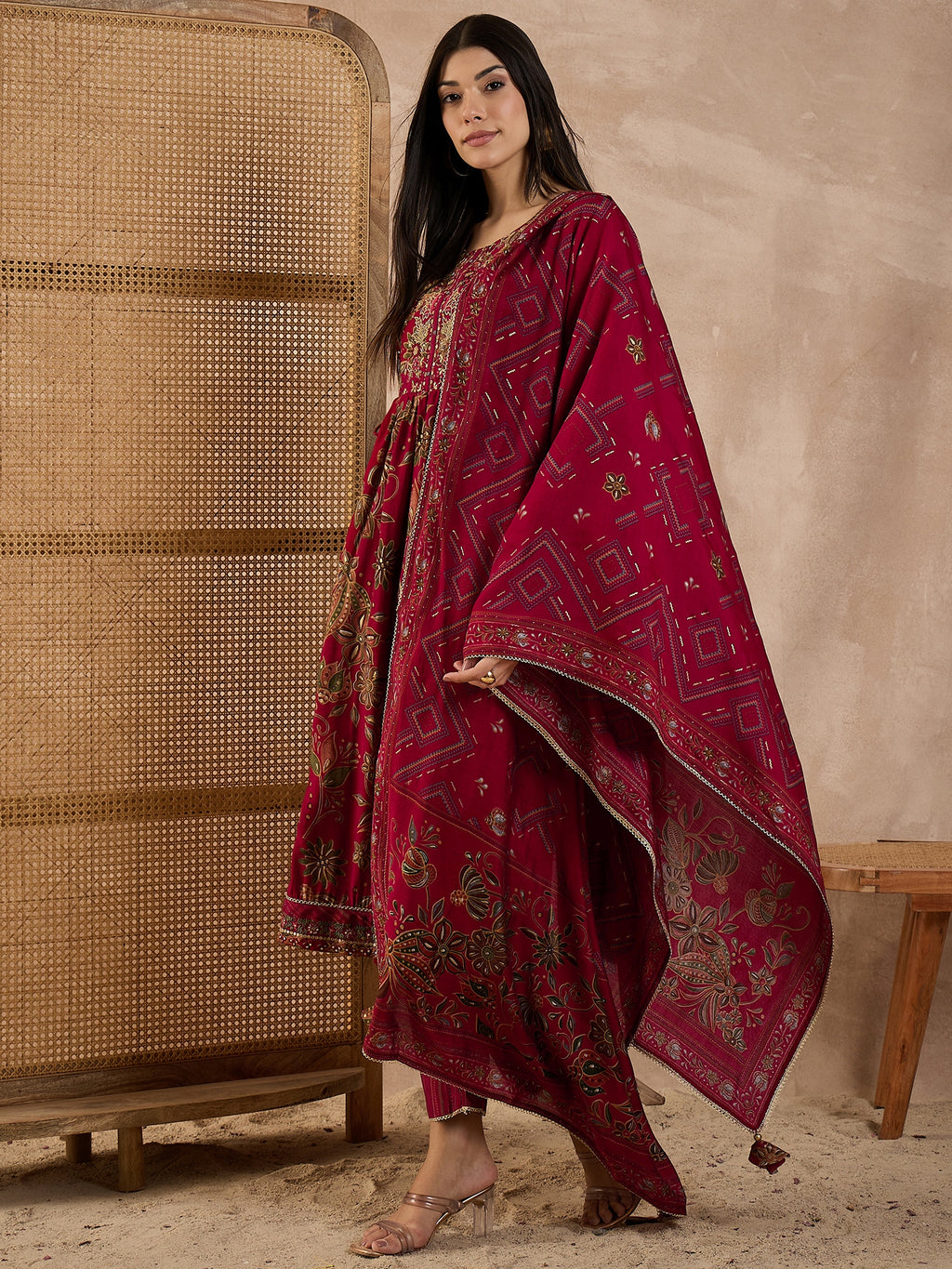 Floral Printed Pleated Chanderi Silk A-Line Kurta with Trousers & Dupatta