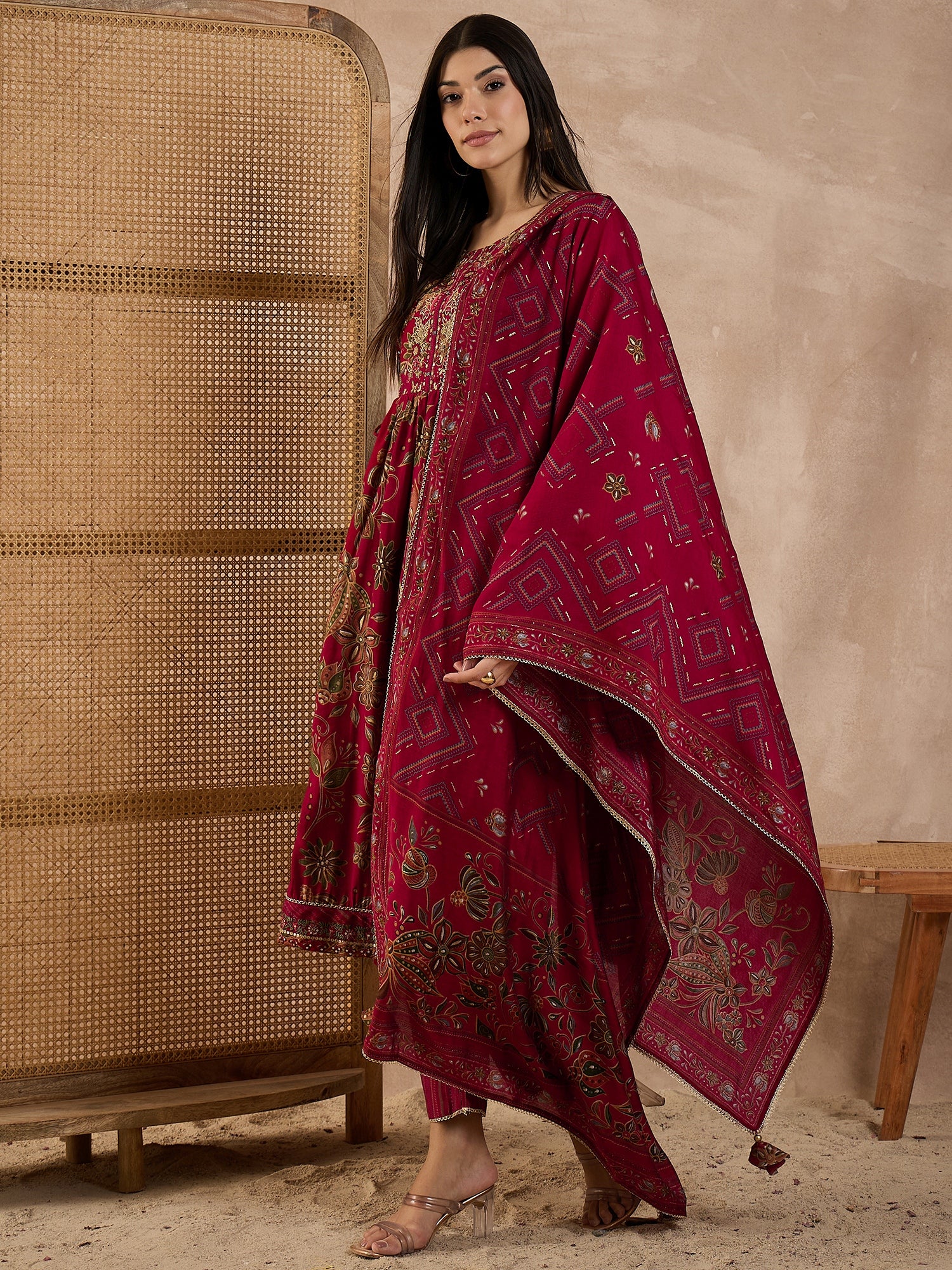 Floral Printed Pleated Chanderi Silk A-Line Kurta with Trousers & Dupatta