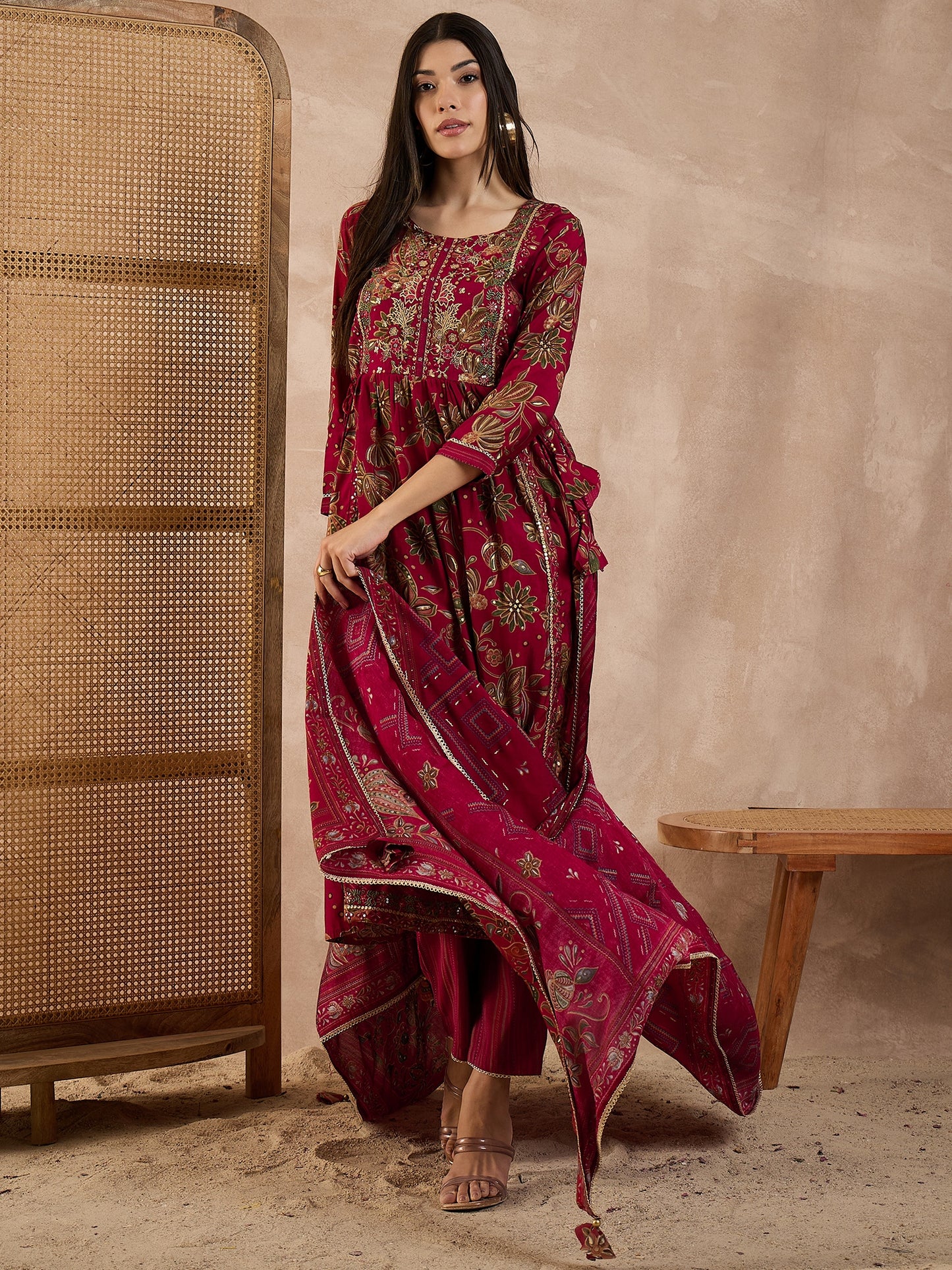 Floral Printed Pleated Chanderi Silk A-Line Kurta with Trousers & Dupatta