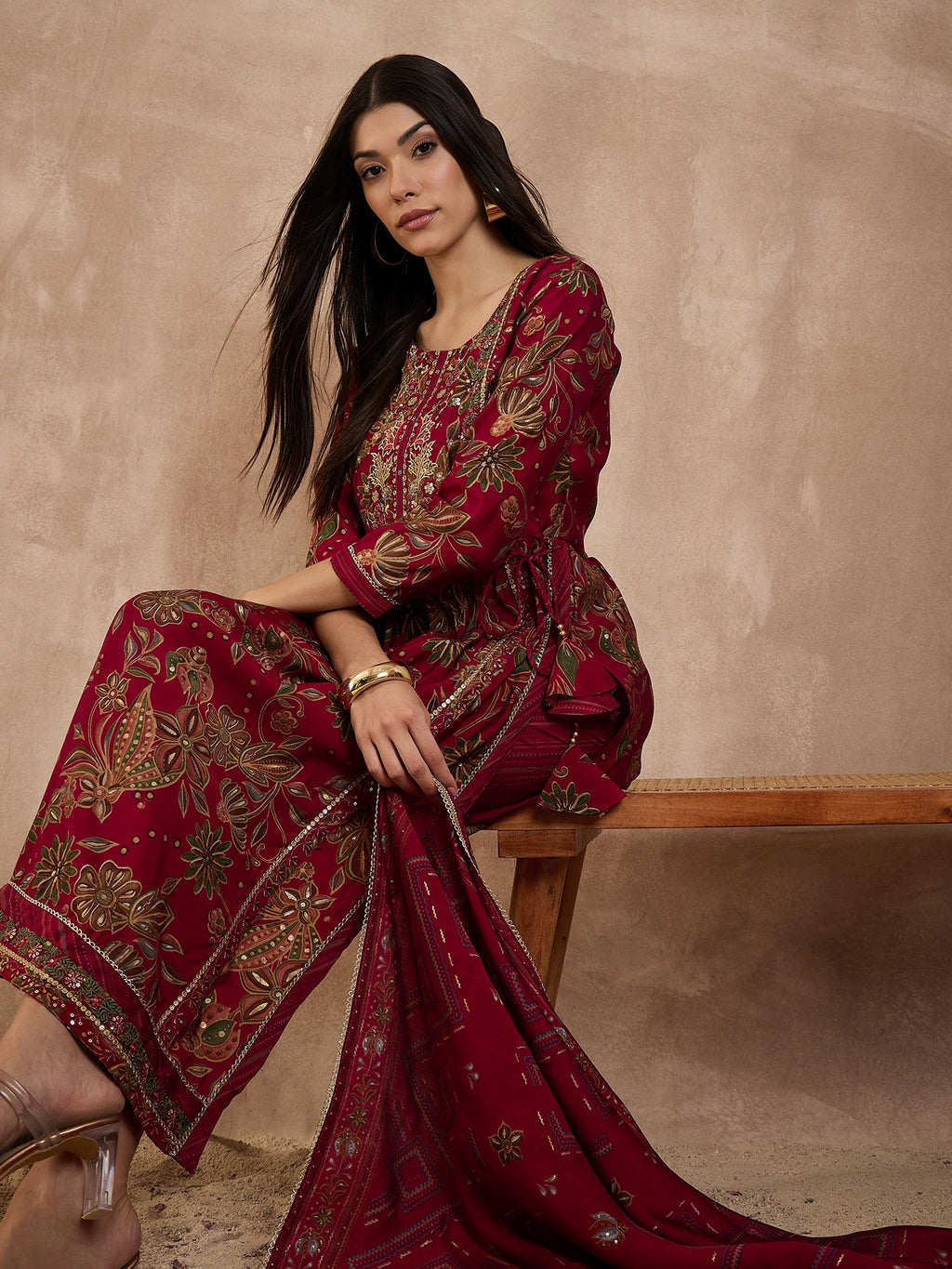 Floral Printed Pleated Chanderi Silk A-Line Kurta with Trousers & Dupatta