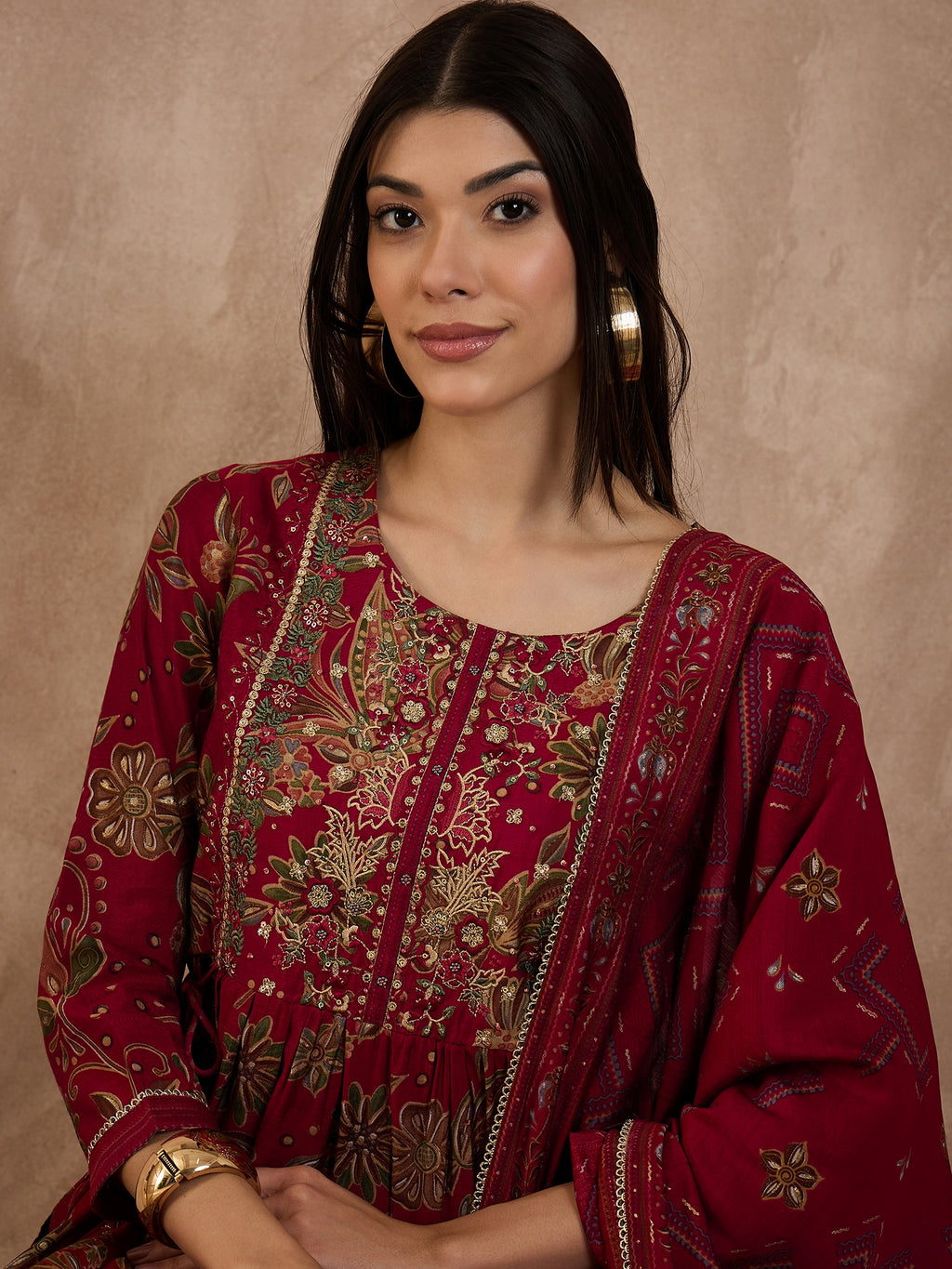 Floral Printed Pleated Chanderi Silk A-Line Kurta with Trousers & Dupatta