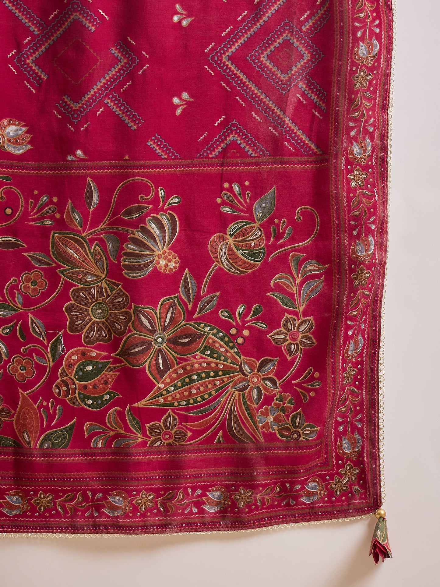 Floral Printed Pleated Chanderi Silk A-Line Kurta with Trousers & Dupatta