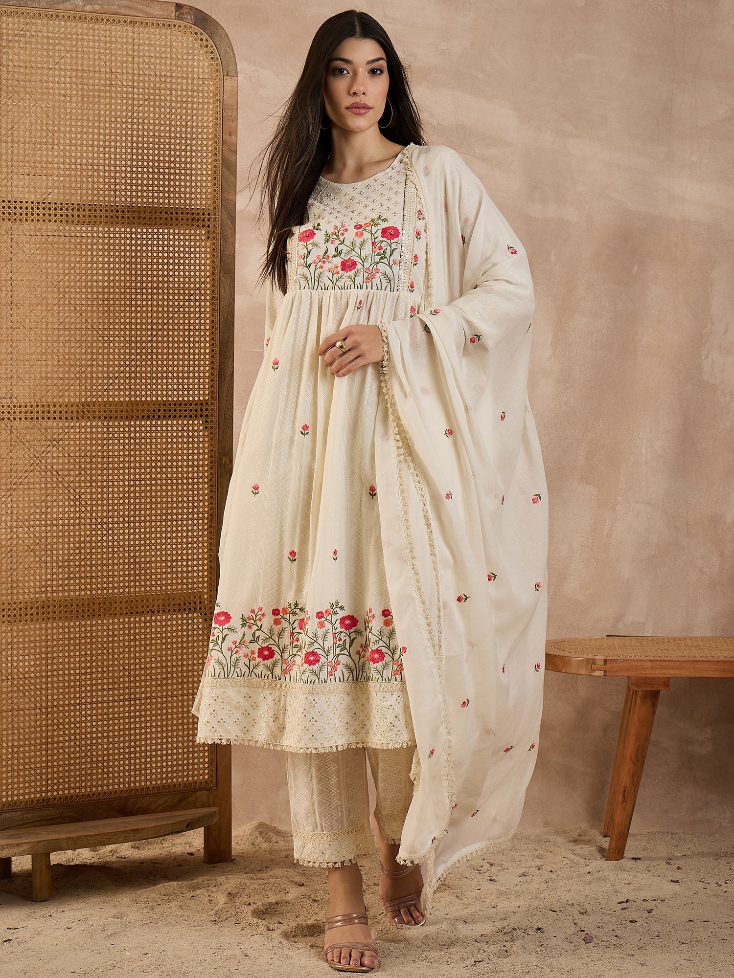 Women Floral Embroidered Pure Cotton A-Line Kurta with Trousers & Dupatta