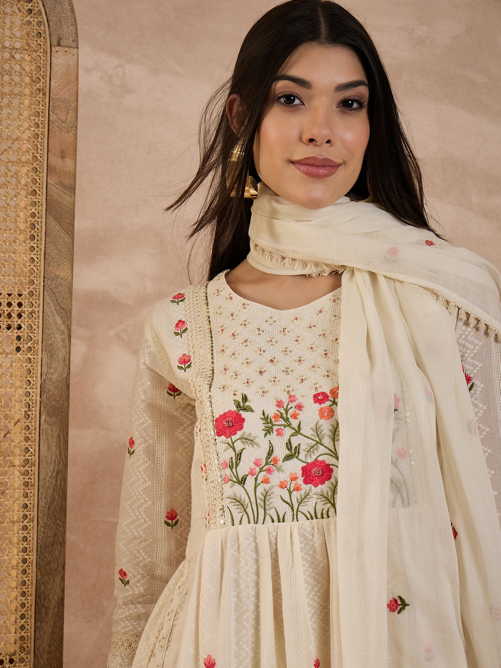 Women Floral Embroidered Pure Cotton A-Line Kurta with Trousers & Dupatta