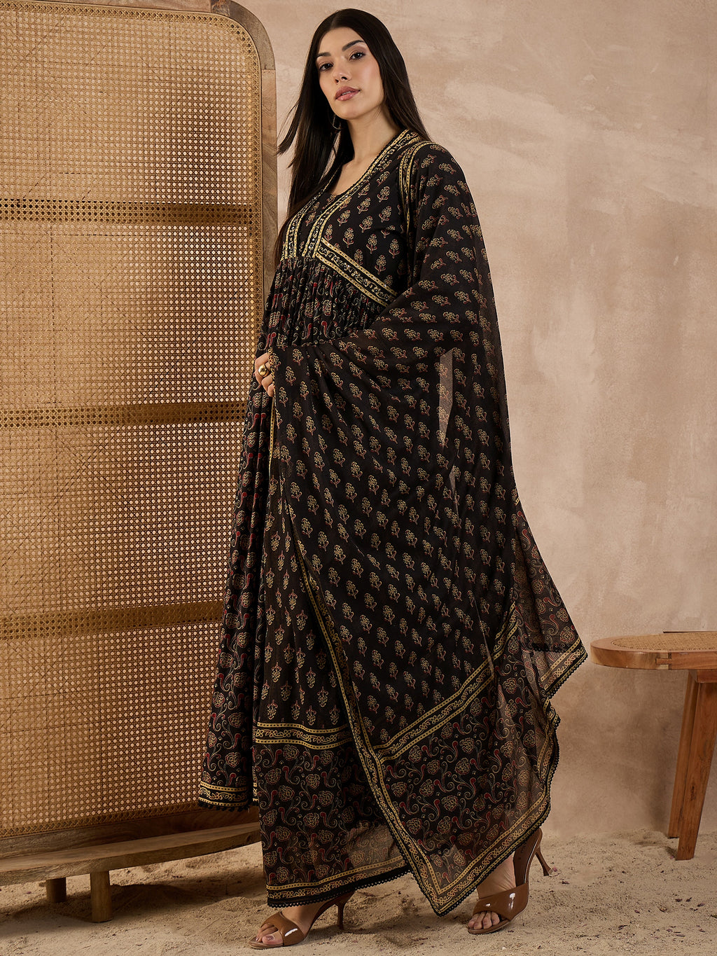 Floral Printed Pleated Sequinned Anarkali Pure Cotton Kurta With Trousers & Dupatta