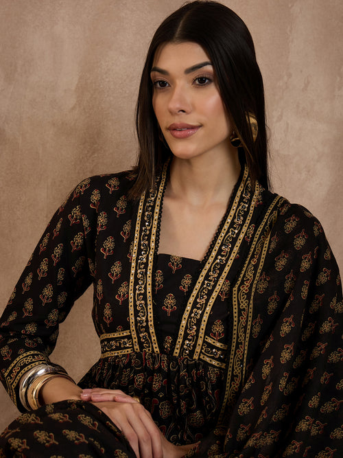 Floral Printed Pleated Sequinned Anarkali Pure Cotton Kurta With Trousers & Dupatta