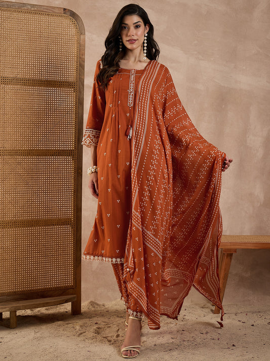 Women Bandhani Printed Cotton Kurta with Trousers & Dupatta