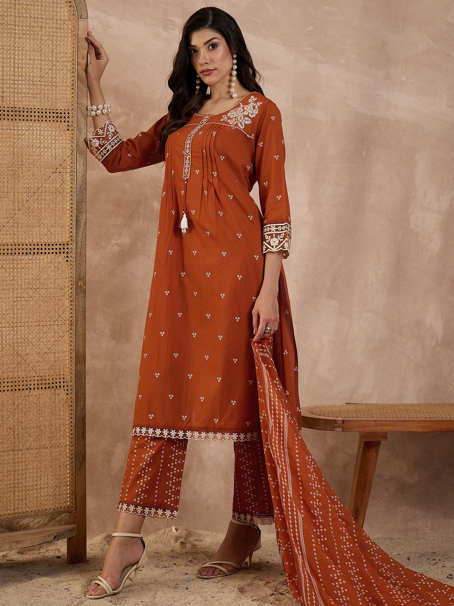 Women Bandhani Printed Cotton Kurta with Trousers & Dupatta