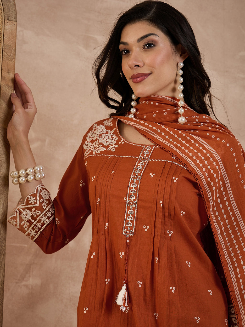 Women Bandhani Printed Cotton Kurta with Trousers & Dupatta
