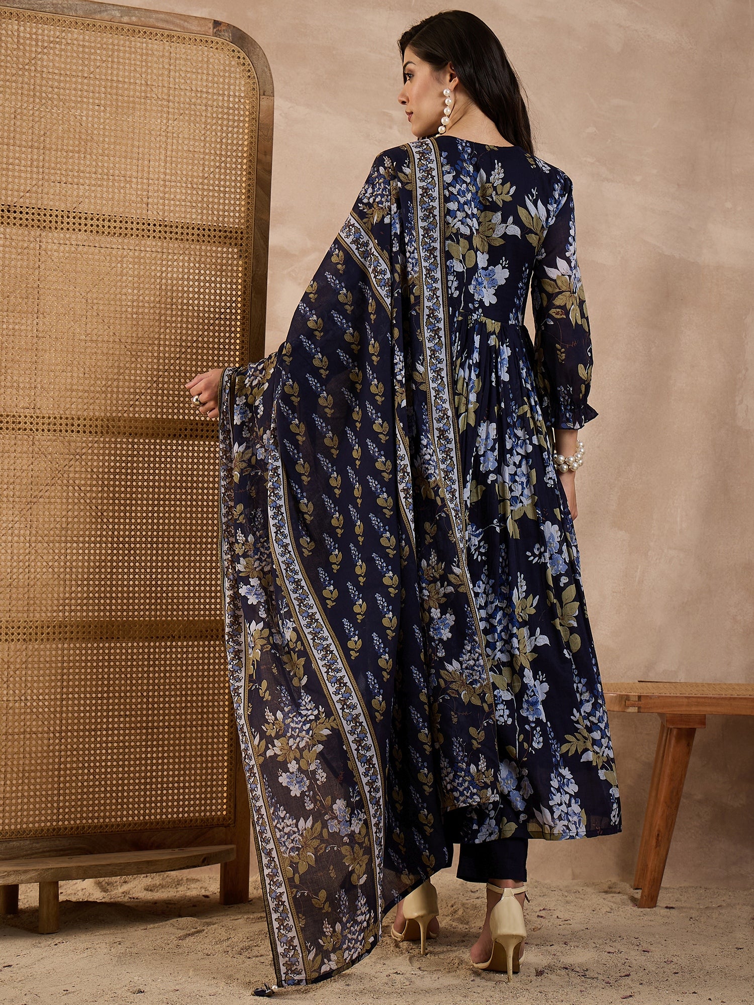 Women Floral Printed Pleated Beads and Stones Kurta with Trousers & Dupatta
