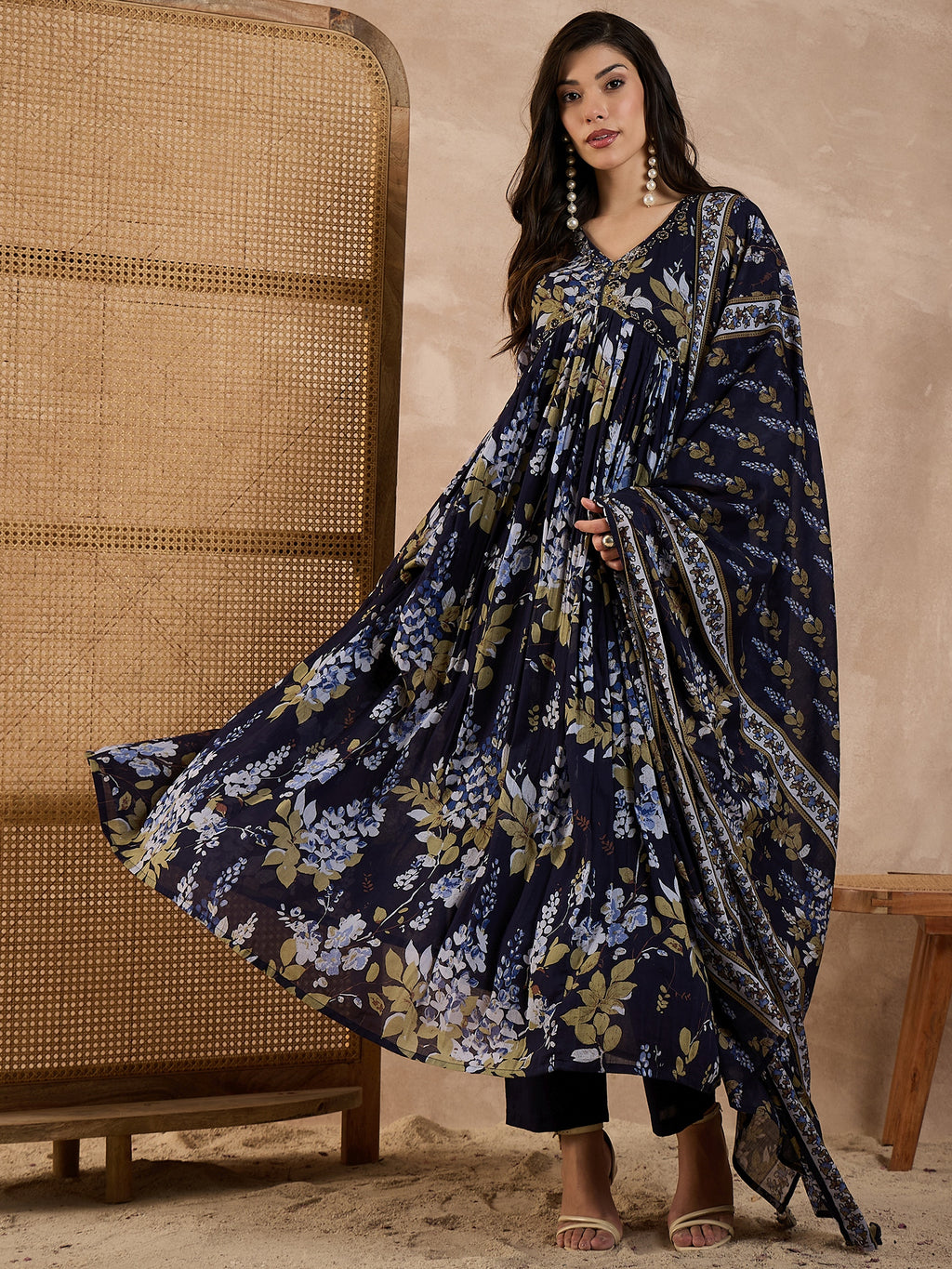 Women Floral Printed Pleated Beads and Stones Kurta with Trousers & Dupatta