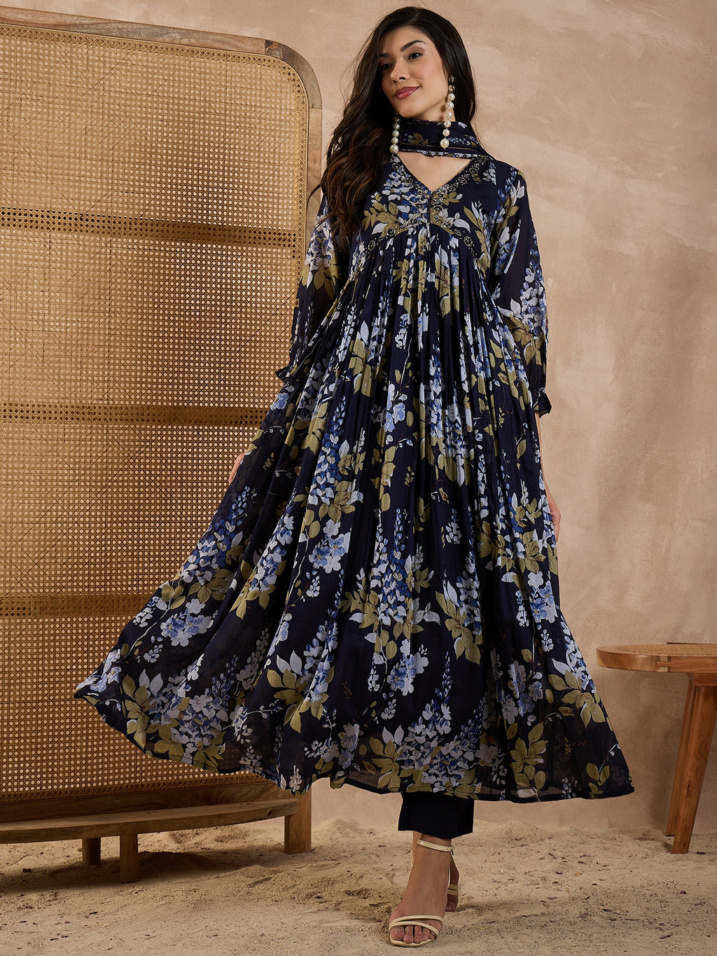 Women Floral Printed Pleated Beads and Stones Kurta with Trousers & Dupatta