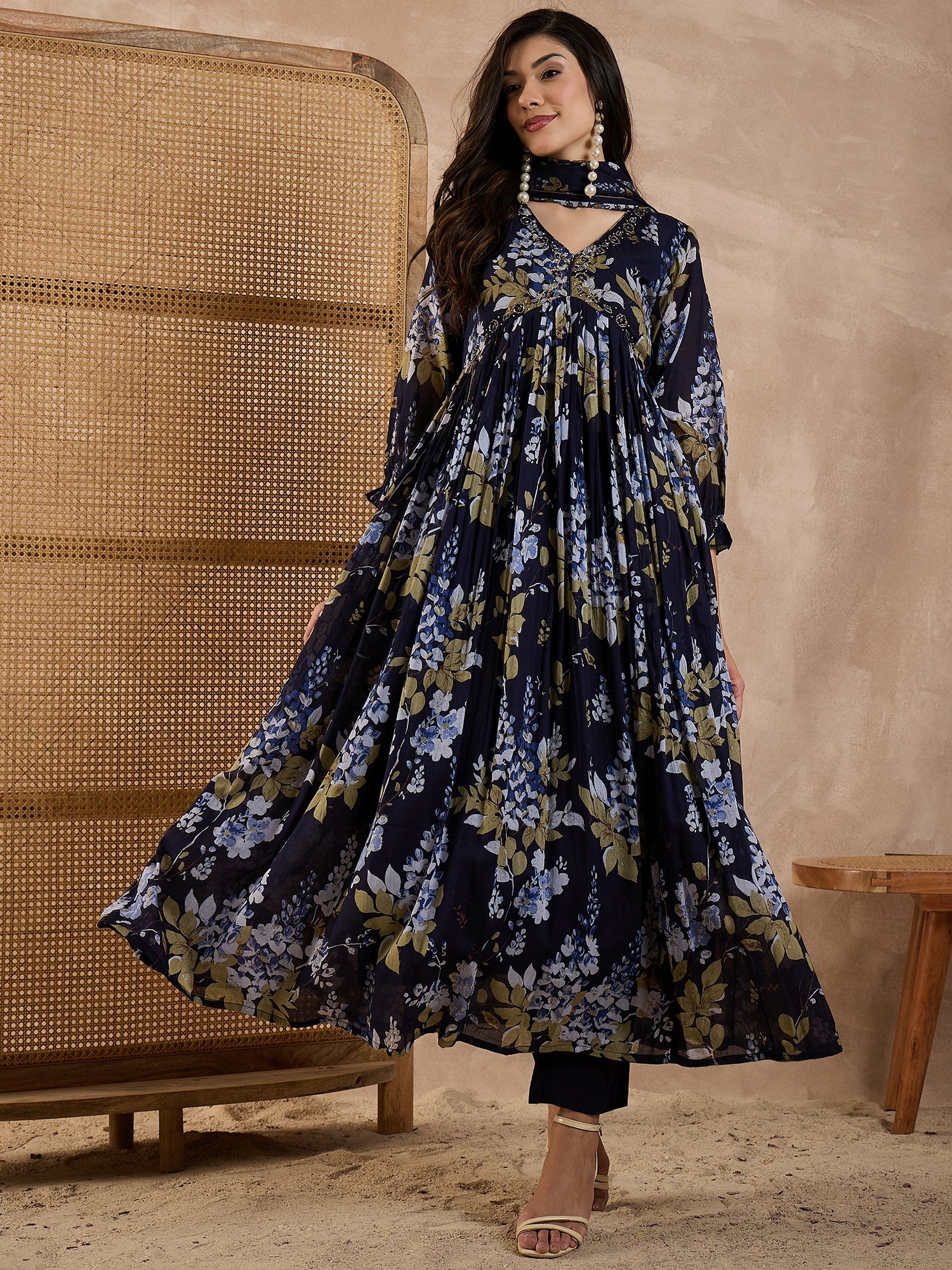 Women Floral Printed Pleated Beads and Stones Kurta with Trousers & Dupatta