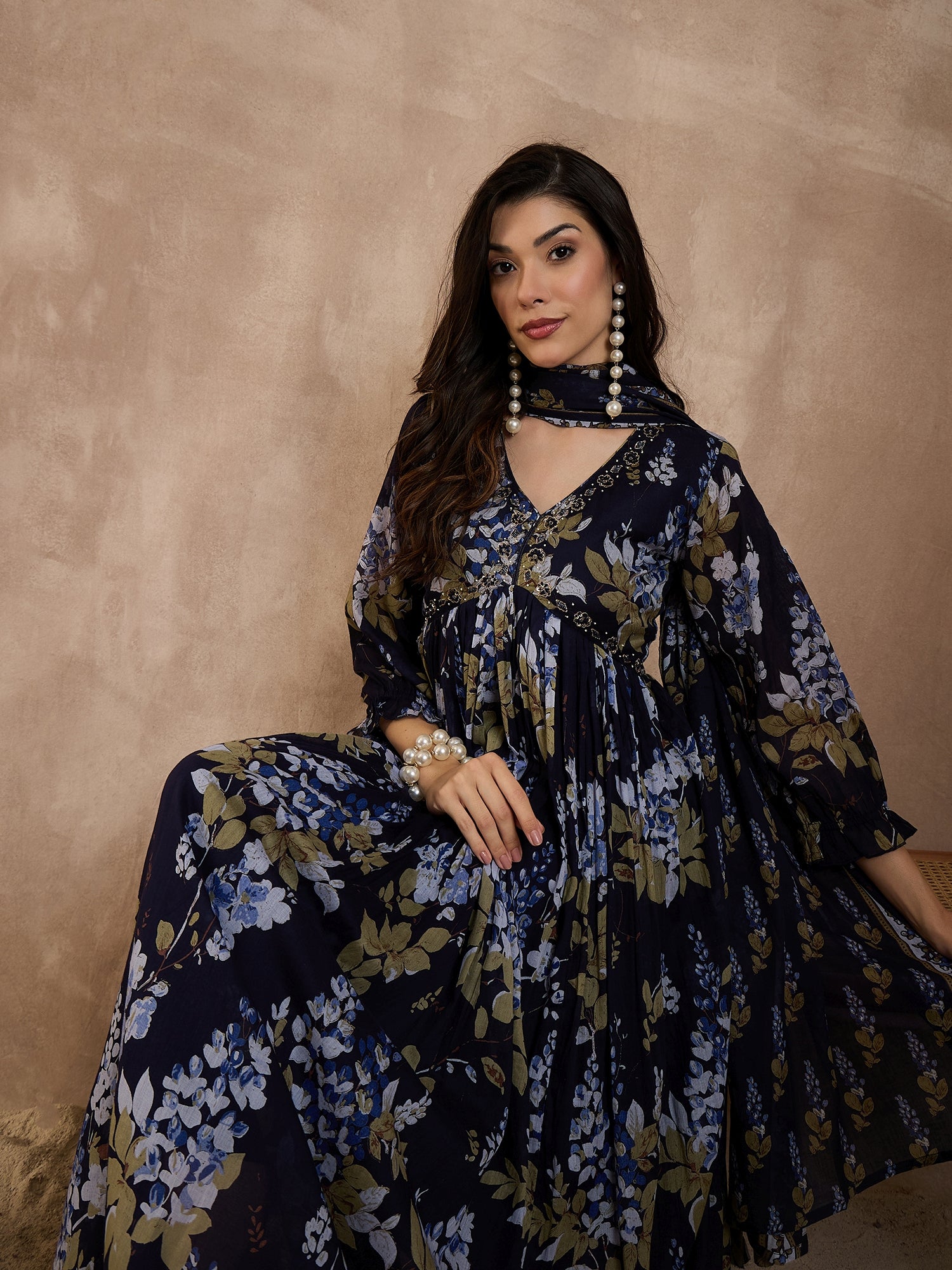 Women Floral Printed Pleated Beads and Stones Kurta with Trousers & Dupatta