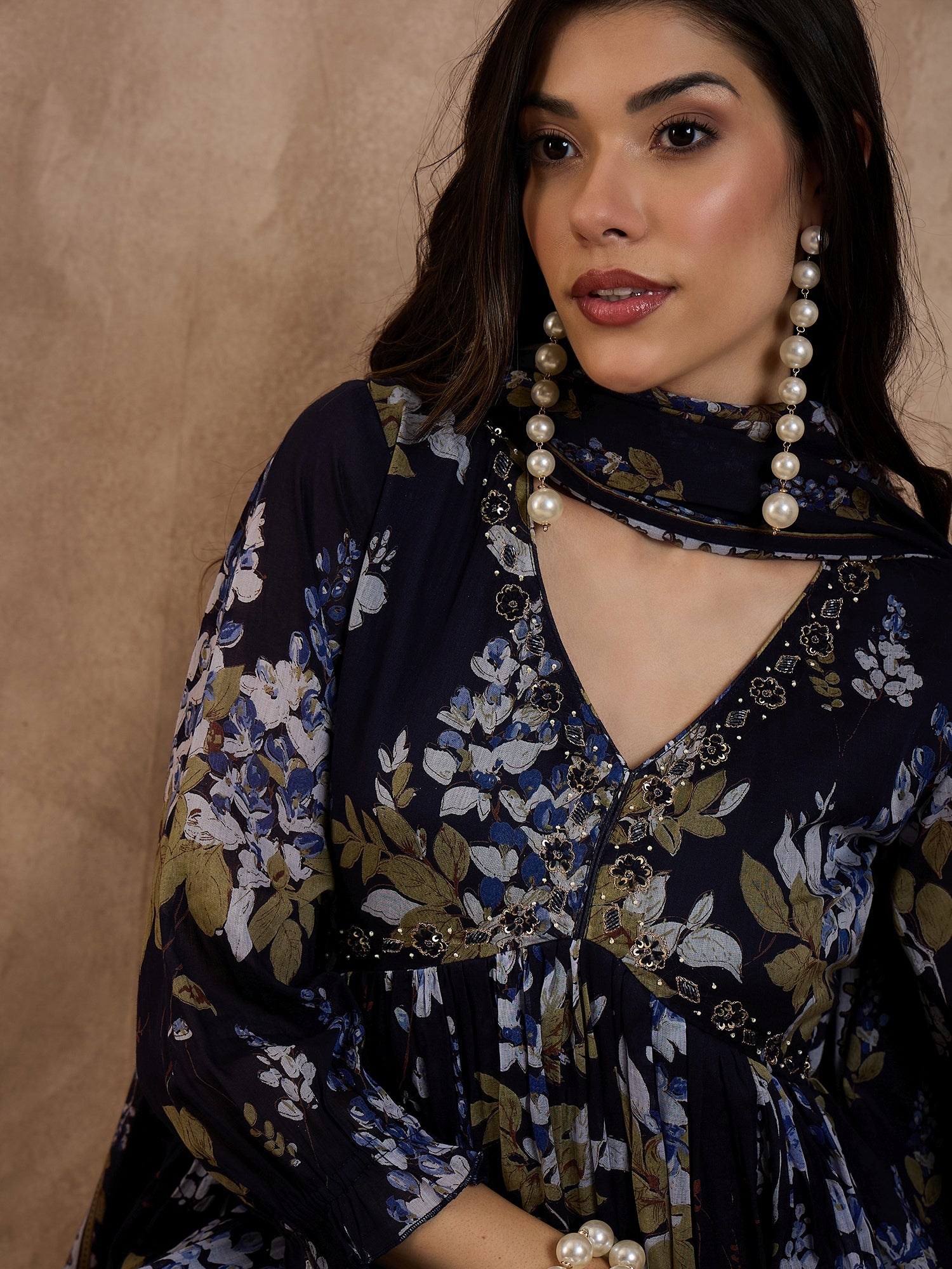 Women Floral Printed Pleated Beads and Stones Kurta with Trousers & Dupatta