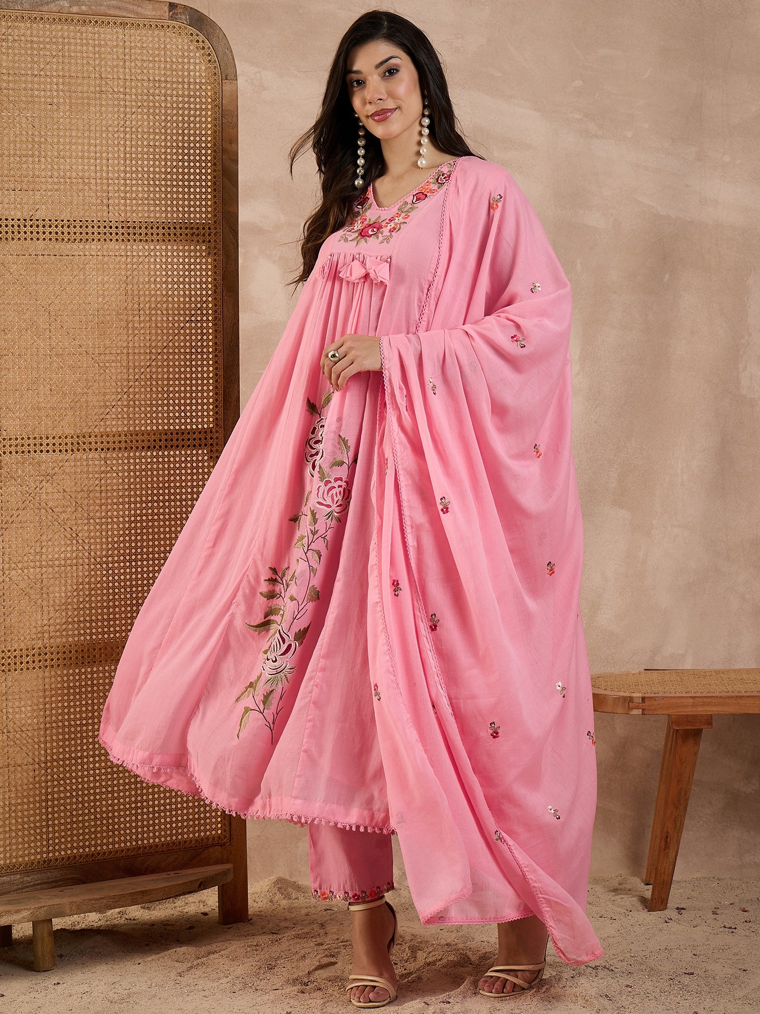 Floral Embroidered Pleated Thread Work A-Line Kurta With Trousers & Dupatta