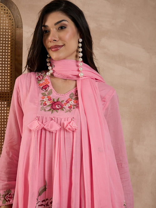 Floral Embroidered Pleated Thread Work A-Line Kurta With Trousers & Dupatta
