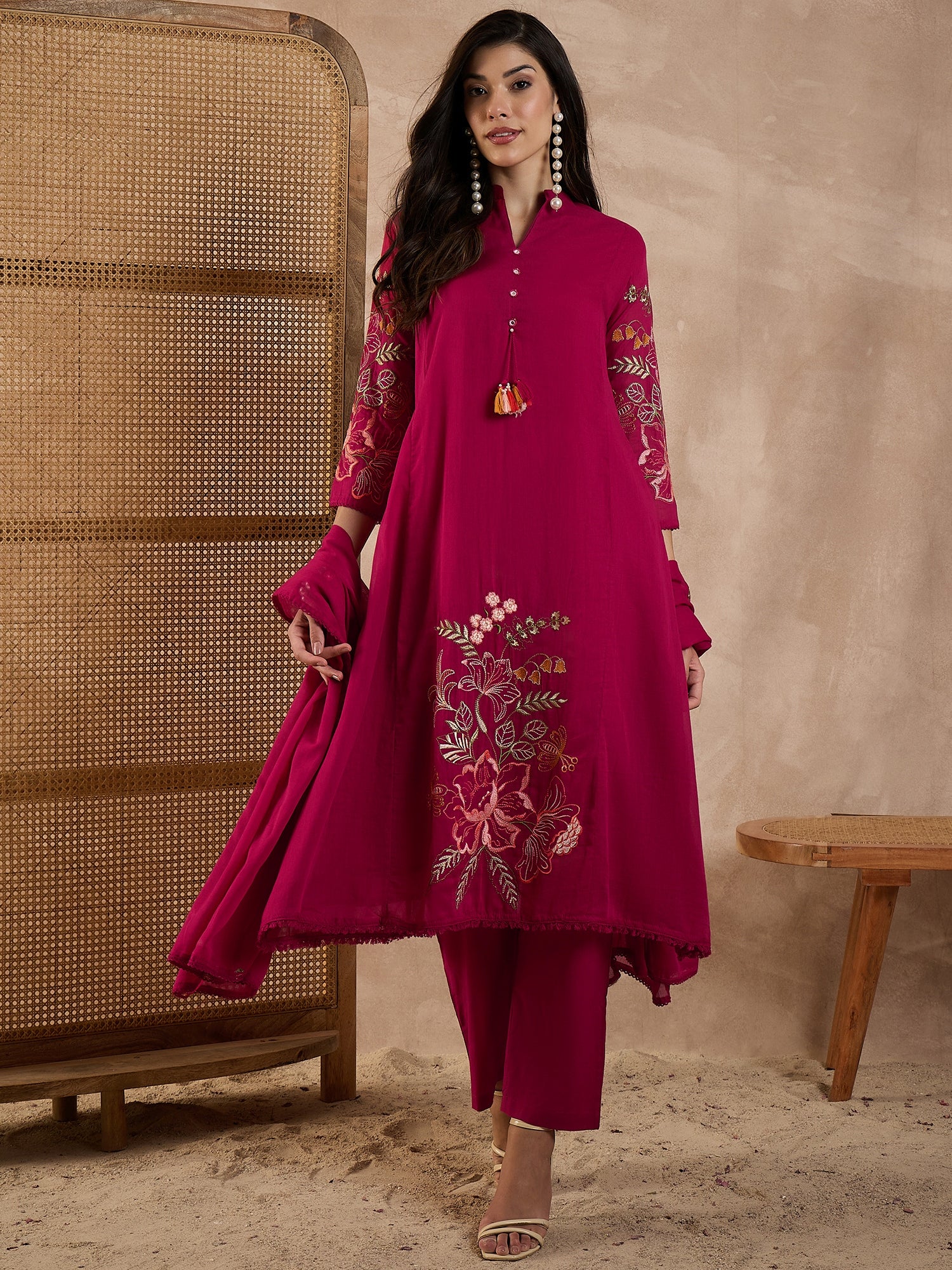 Women Floral Embroidered A-Line Kurta with Trousers & Dupatta