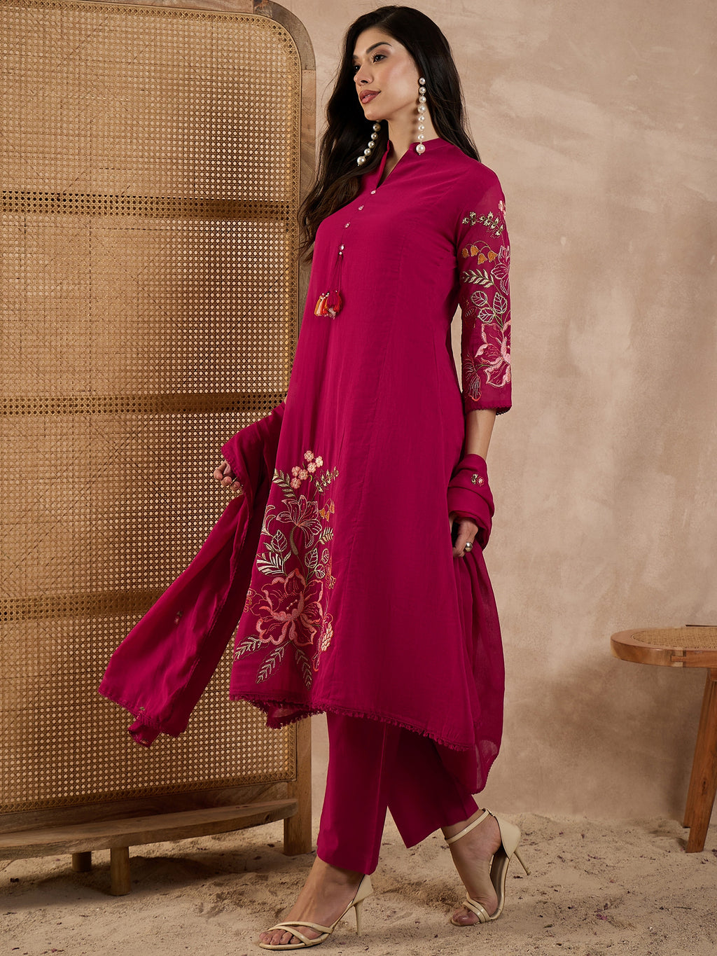 Women Floral Embroidered A-Line Kurta with Trousers & Dupatta