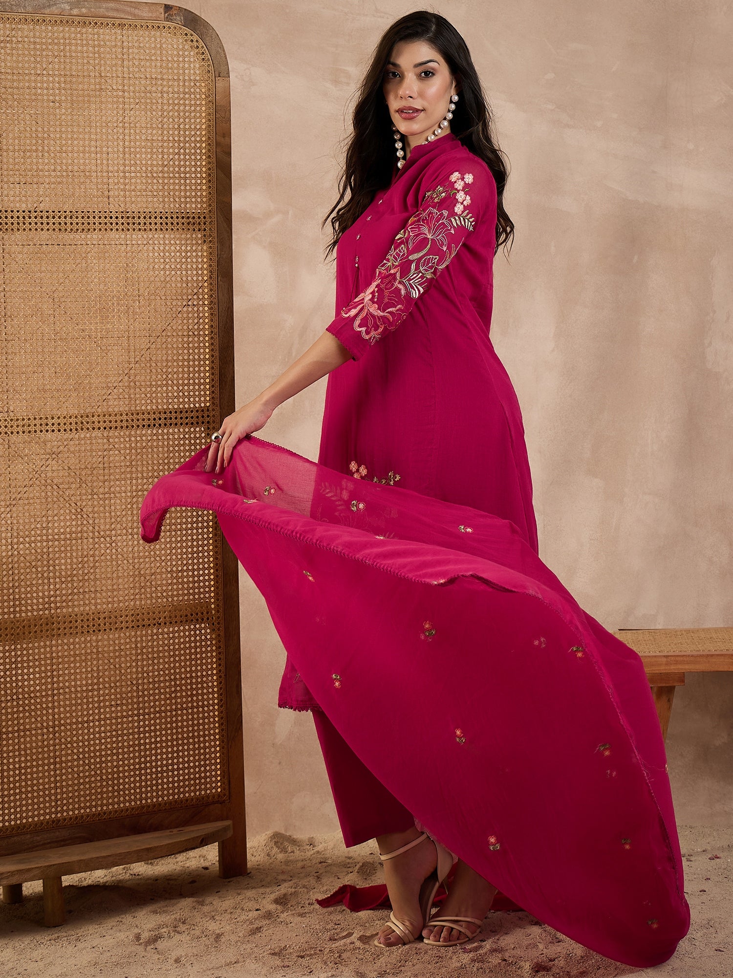 Women Floral Embroidered A-Line Kurta with Trousers & Dupatta