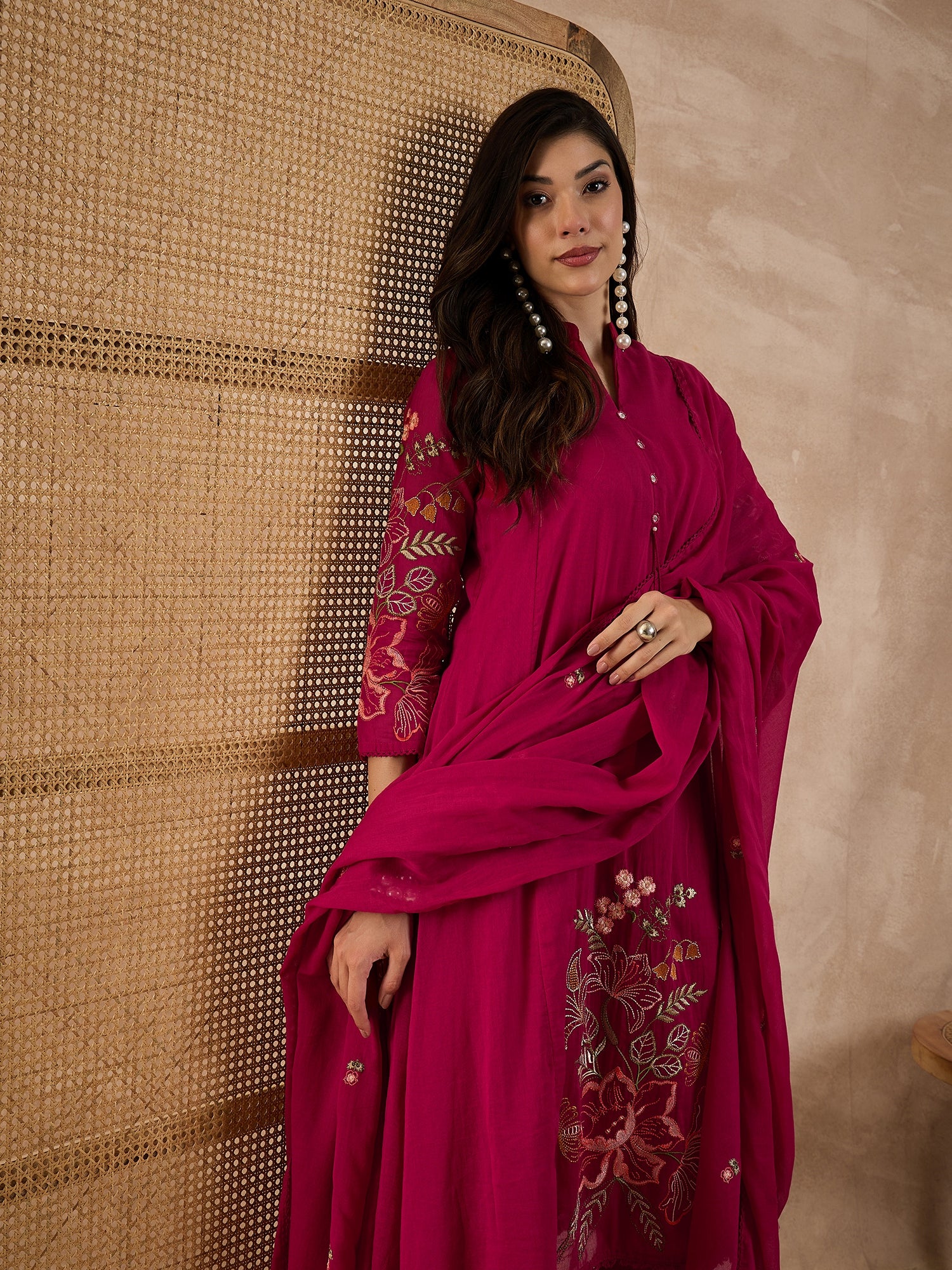 Women Floral Embroidered A-Line Kurta with Trousers & Dupatta