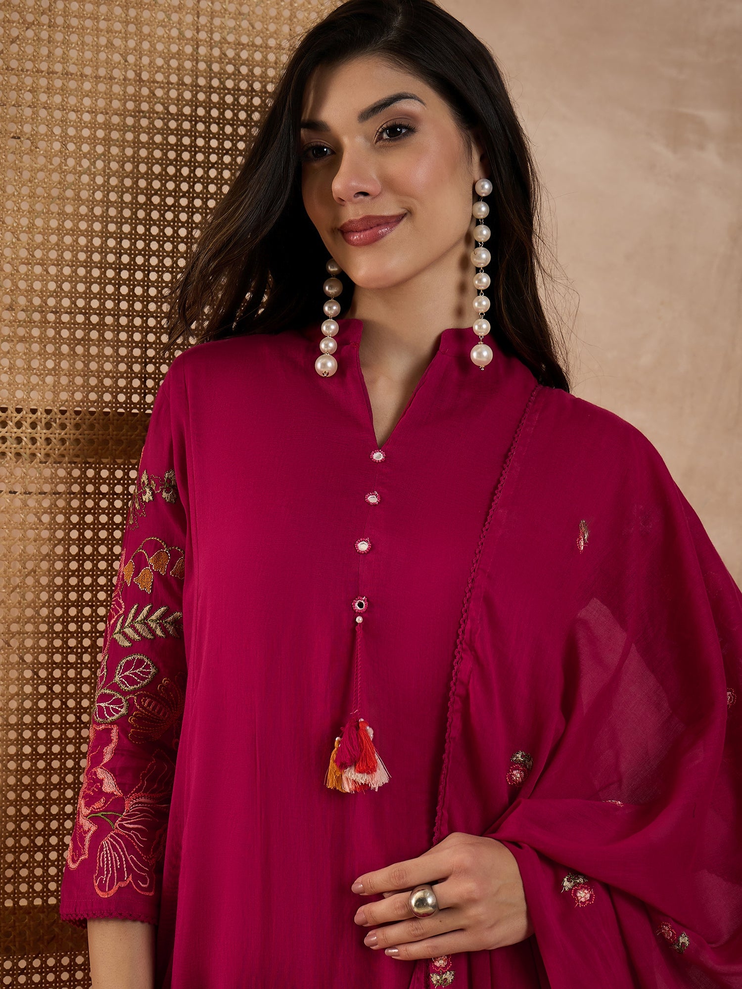 Women Floral Embroidered A-Line Kurta with Trousers & Dupatta
