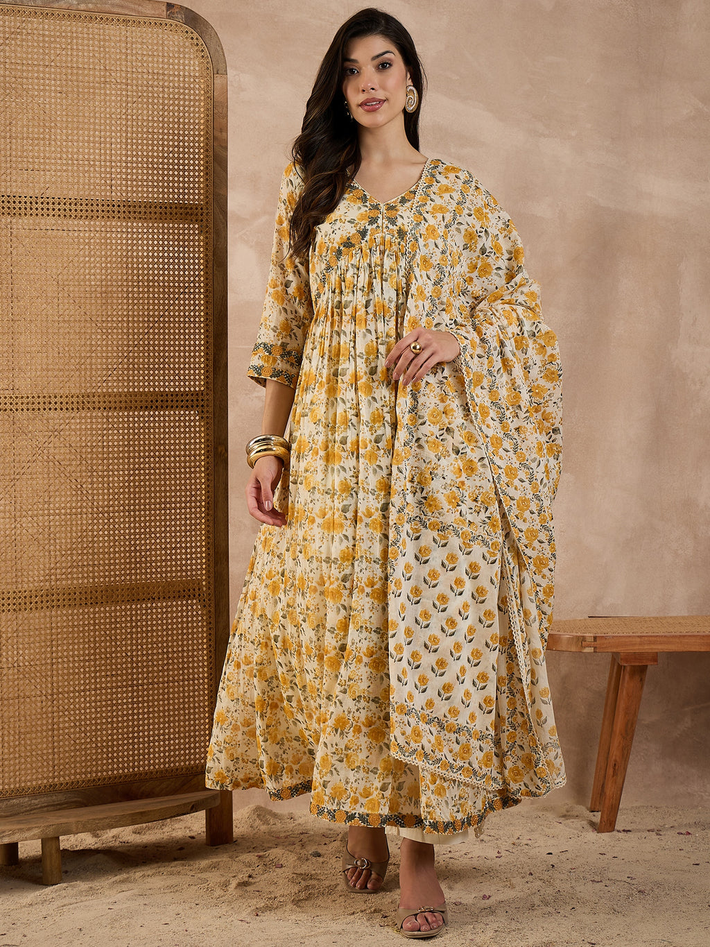 Women Floral Printed Anarkali Kurta with Trousers & Dupatta