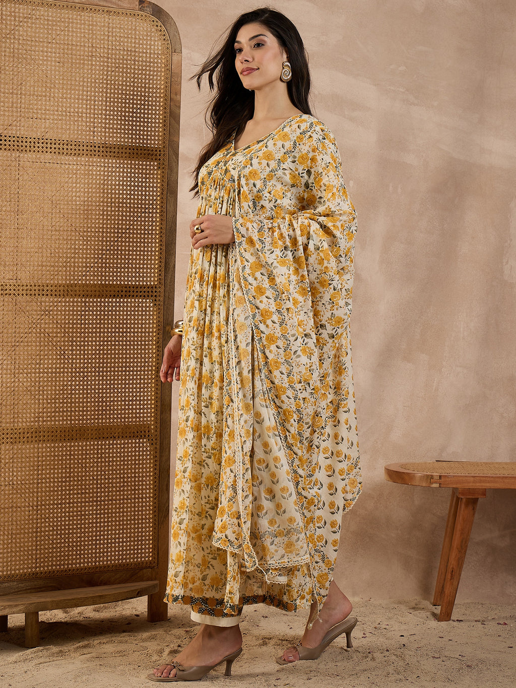 Women Floral Printed Anarkali Kurta with Trousers & Dupatta