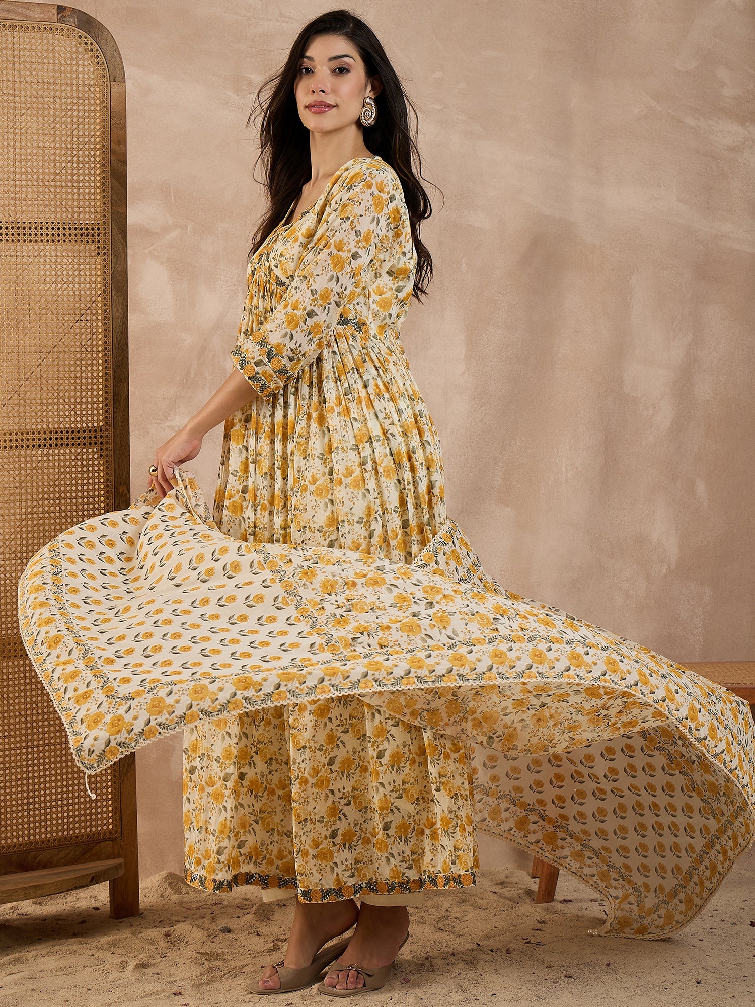 Women Floral Printed Anarkali Kurta with Trousers & Dupatta